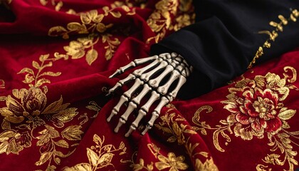 A skeletal hand adorned with golden details rests against ornate red and gold floral fabric, blending elegance with eerie symbolism in a striking visual contrast.