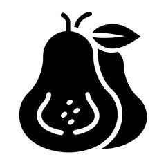 A minimalist black and white depiction of two pears with a leaf