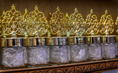 Menthol crystals in ornate jars for sale at the Egyptian Bazaar, Istanbul Turkey