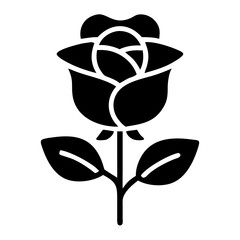 Stylized Rose with Leaves Isolated on White Background in Black Silhouette