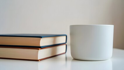 Stack of books and a white mug on a white surface
