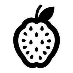 Stylized Black and White Guava Illustration with Visible Seeds and Stem