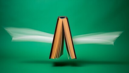 Open book with pages appearing to fly on a green background