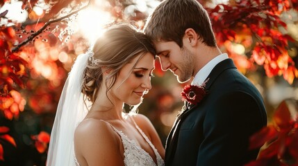 Romantic wedding couple embracing with foreheads touching in an outdoor setting during golden hour sunlight surrounded by vibrant red autumn leaves