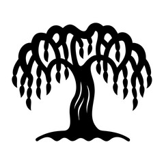 A stylized weeping willow tree with flowing branches in silhouette form © Mahmudul