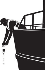 Person in life vest collecting liquid sample from ship