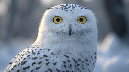 Obraz premium Close-up of a snowy owl with bright yellow eyes and white plumage spotted with black feathers, perched outdoors in winter, showcasing the bird's detailed facial features and sharp beak