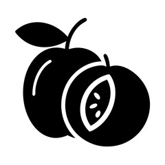 Elegant black and white vector depiction of two peaches, one cut open