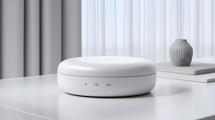 Sleek, modern white electronic device with minimalist design sits white table, surrounded by soft natural light. background features sheer curtains and decorative vase, creating serene atmosphere