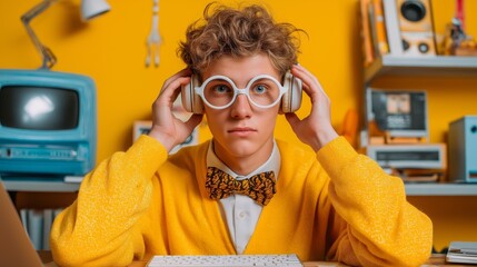 Teen boy in yellow sweater and headphones sits at a colorful retro-themed desk with a focused expression