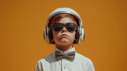 Young boy in sunglasses, a striped bow tie, and a helmet with headphones stands confidently against an orange background