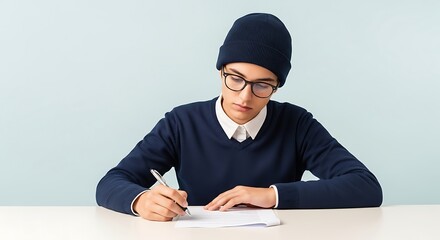 Focused Young Man Writing on Paper at Desk
