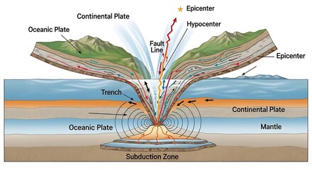 Diagram Illustrating Tectonic Plate Subduction and Earthquake Generation at a Fault Line.