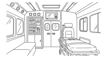 Fototapeta premium Detailed Interior of an Ambulance Line Art Medical Illustration Featuring a Stretcher Medical Equipment Cabinet and Seating Area in Monochrome hand drawn sketch style design