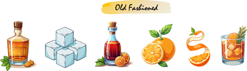 Old Fashioned ingredients. A stunning illustration of the elements needed to make the popular cocktail. A selection of orange peel, fruit and ice cubes are displayed