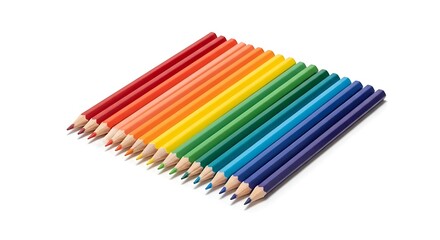Rainbow Colored Pencils Arranged in a Row on White Background