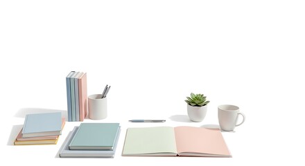Clean Workspace with Pastel Notebooks, Succulent, and Coffee Mug on White Background