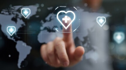 Fototapeta premium Close medium frame showing a sharp healthcare asset icon on a touchscreen interface with five glowing digital exchange points and outoffocus map outlines behind.