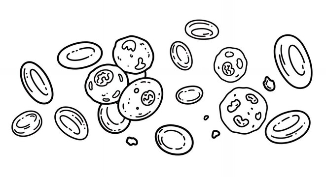 Detailed Medical Line Art Illustration of Erythrocytes and Leukocytes Circulating in Black and White Simple Style, Emphasizing Elements of Blood Cells like Red Blood Cells and White Blood Cells