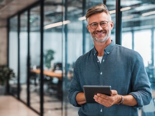 good looking, positive self confident and successful businessman is working in office with his tablet.