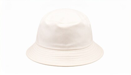 A plain white bucket hat sits upright against a soft backdrop, highlighting its clean structure and smooth fabric texture