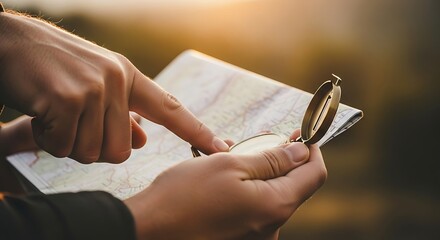 A close-up shot of hands holding a map and a compass, suggesting navigation and exploration. 