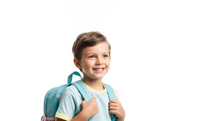 Excited Young Boy with Backpack Ready for School, Smiling and Looking Up on White Background