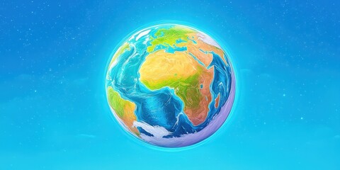 Fototapeta premium Earth globe digital illustration in space atmosphere. Planet sphere in nature environment. World map vibrant blue, science, global, astronomy, geography, cosmos, art, atmosphere, digital,