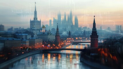 Obraz premium Misty city river panorama