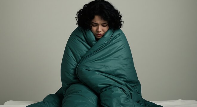 A young woman is wrapped in a blanket, showcasing a sense of comfort. 