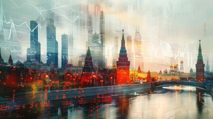 Abstract cityscape with overlaid graphics for business and finance concepts