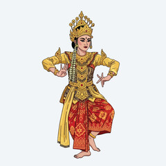A graceful dancer in traditional ornate golden and red attire, adorned with a crown, performs an elegant pose with expressive hand gestures.