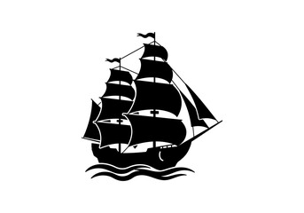 Black and White Vector Silhouette of a Historic Sailing Ship with Multiple Masts and Flags – Nautical Icon on White Background