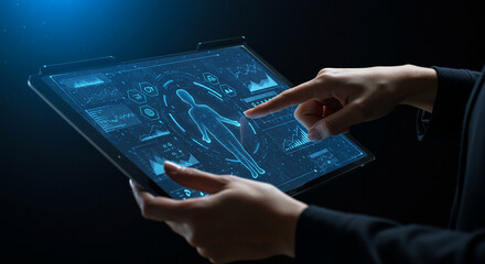 Advanced Medical Technology: Analyzing Human Body Scan on a Futuristic Tablet
