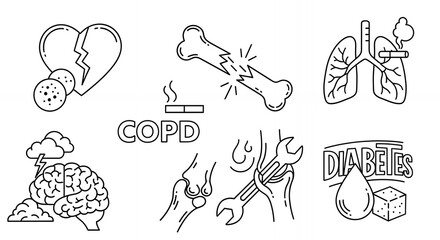 Medical Icon Set Featuring Cardiovascular Bone Respiratory Neurological and Joint Ailments in a Simple Black and White Line Art Style Ideal for Medical Education Materials medical,hand,drawn, sketch