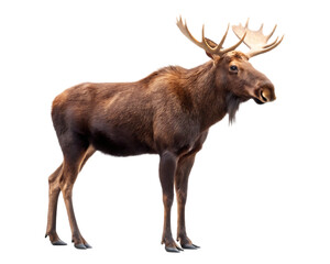 Fototapeta premium A full body shot of a large brown moose with antlers standing on a black background in a studio shot