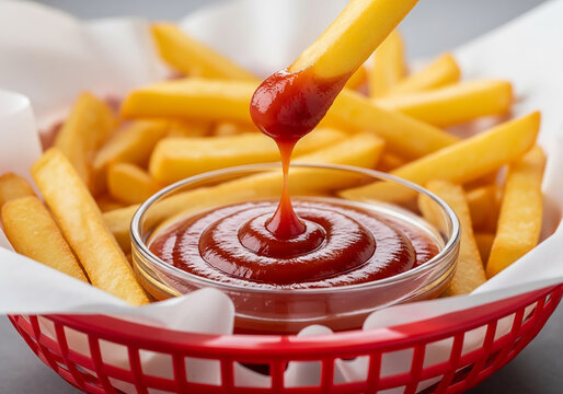 French fries dipping into ketchup in a red basket