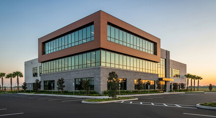 Fototapeta premium Modern office building with glass facade at sunset
