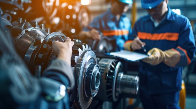Engineers working with gears and mechanical components during industrial assembly