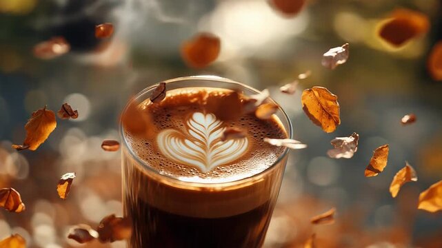 Steaming latte art coffee surrounded by falling autumn leaves