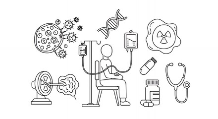 Fototapeta premium Medical Treatment Line Art Icons with Cancer Cell Chemotherapy and DNA Molecule Black and White Sketch Style Drawing Illustration Graphic Design Medical Concept Suitable for Decoration Isolated On