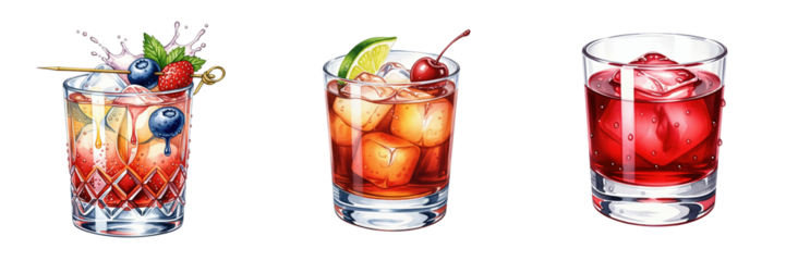 Collection of illustrated cocktails on a transparent background. Set of three alcoholic drinks with ice and fruit garnish for a bar menu.