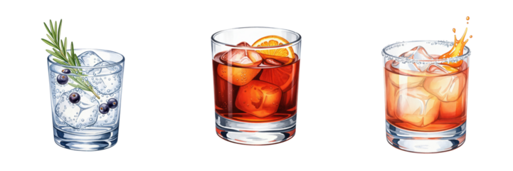 Collection of classic cocktails illustration. Gin and Tonic, Negroni, and Margarita on the rocks. Hand-drawn alcoholic drinks for bar menu design isolated on transparent background.