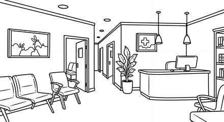 Minimalist Medical Office Waiting Room Black and White Line Art Illustration featuring Chairs Reception Desk and Hallway Plant Decoration hand drawn sketch line art outline doodle minimal