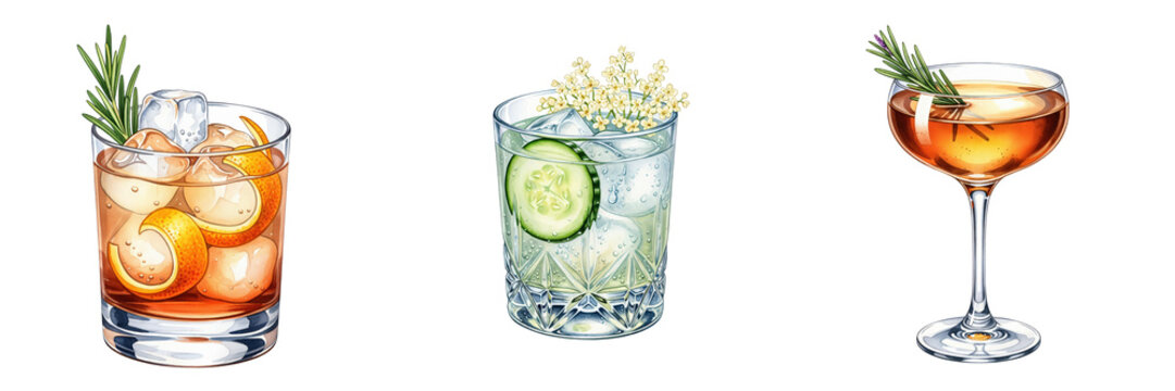 A set of three illustrated cocktails on a transparent background. Includes a whiskey drink with orange peel, a gin cooler with cucumber and elderflower, and an amber cocktail in a coupe glass.