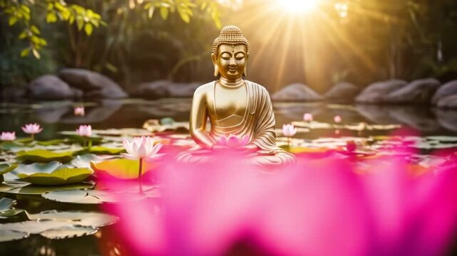 Serene Buddha statue amidst lotus flowers floating in a serene pond illuminated by sunlight. 4k videos