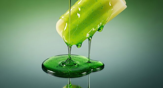 Green popsicle melting with glossy syrup on gradient green background.