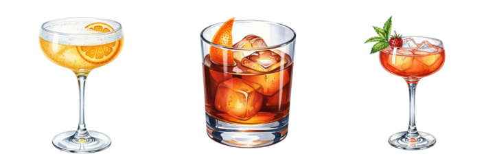 Watercolor cocktail set illustration. Collection of hand drawn classic alcoholic drinks like a sour, negroni, and berry beverage isolated on a transparent background.