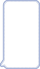 This image displays a vertical speech bubble with rounded corners. The border of the speech bubble is light blue and features a dashed line pattern. The interior of the bubble is solid white.