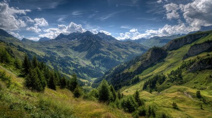 Fototapeta premium Lush green mountain valley under a dynamic sky, with peaks and coniferous trees in the landscape
